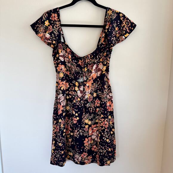 Free People Dress Black Orange Floral Front tie Cut Out Zip Short Sleeve Sz 21 - Picture 1 of 6